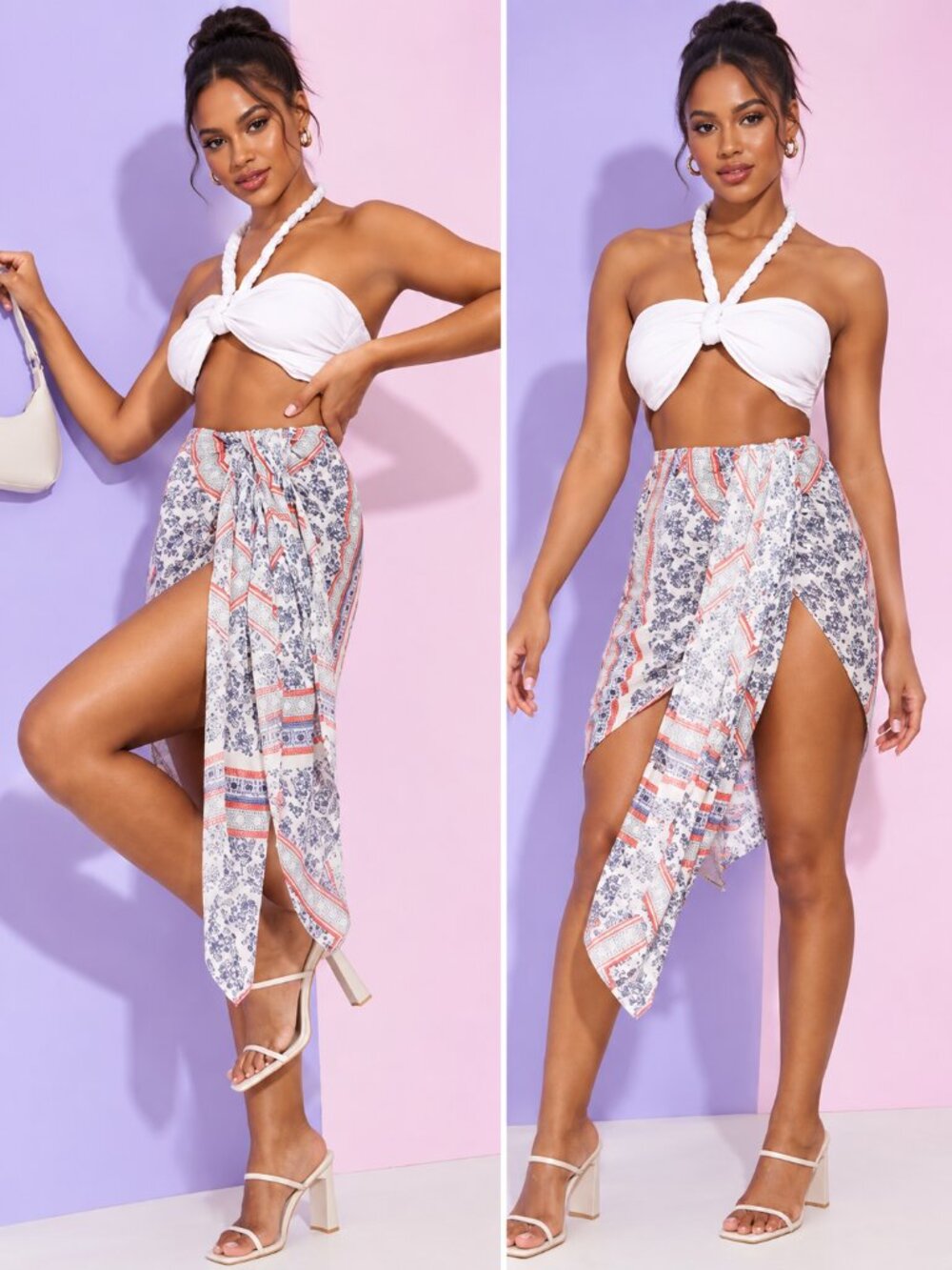 PrettyLittleThing Multi Print Linen Look Wrap Midi Skirt US 10 NWT